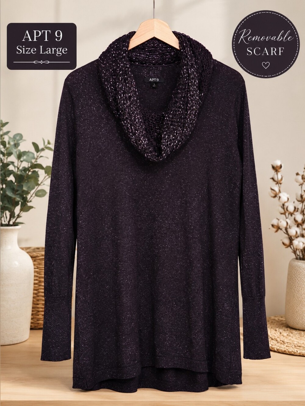 Apt. 9 Women's Black Sparkle Cowl Sweater with Removable Scarf